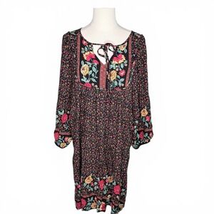 Qearal Womens Black Floral Boho Tie Neck Balloon Sleeve Mini Shift Dress L